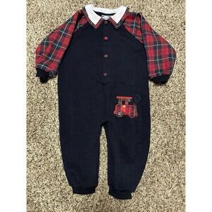 Carriage Boutique By Fried Knit Creations Boys 24 Months Outfit Train Plaid Navy